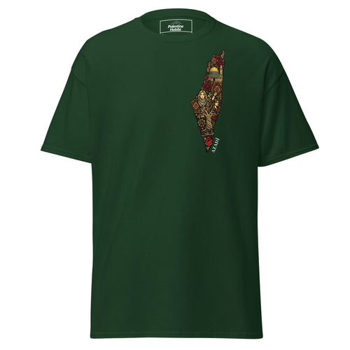 Waldgrünes Maps of Palestine – Azadi T-Shirt mit detailreichem Palästina-Kartenmotiv auf der Brust, Vorderansicht.