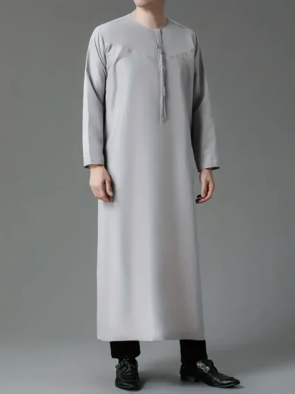 Men's Arab Thobe, Kandora With Long Sleeves Round Collar With Button Up