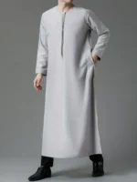 Men's Arab Thobe, Kandora With Long Sleeves Round Collar With Button Up