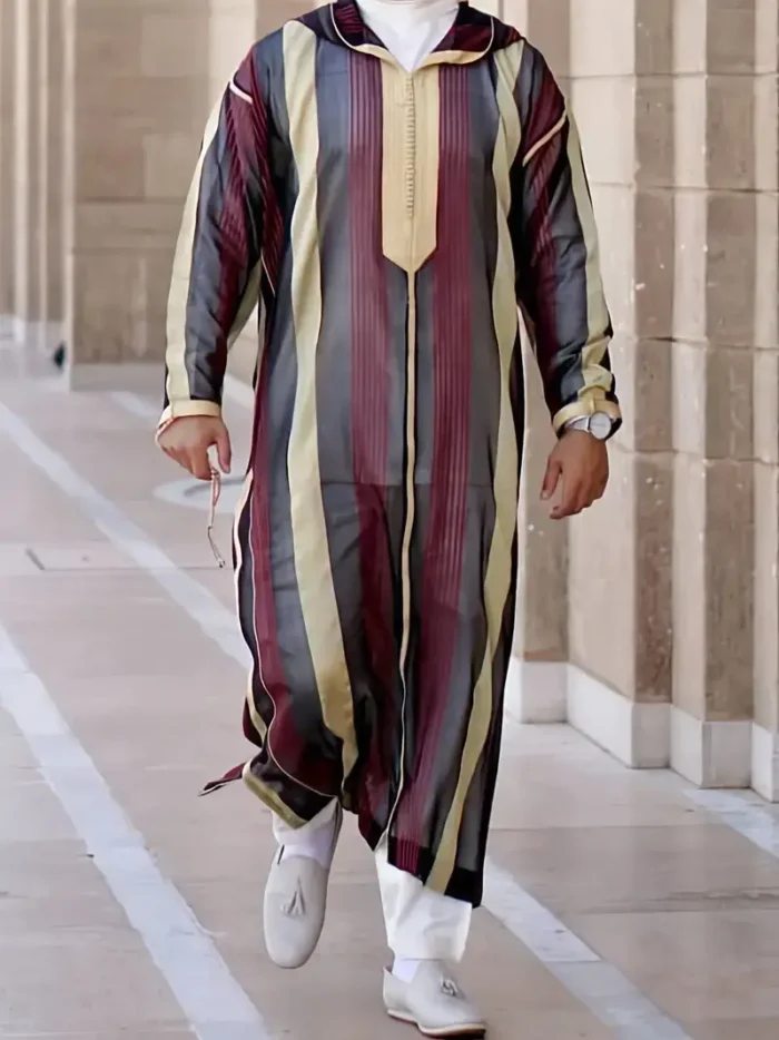 Men's Moroccan Thobe, Vintage Style Stripe Pattern Long Sleeve Hooded Robe