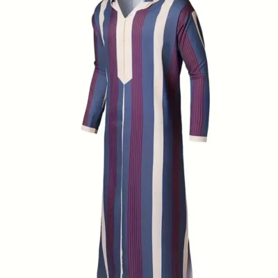 Men's Moroccan Thobe, Vintage Style Stripe Pattern Long Sleeve Hooded Robe