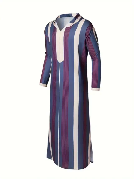 Men's Moroccan Thobe, Vintage Style Stripe Pattern Long Sleeve Hooded Robe