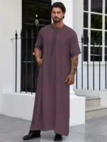 Men's Muslim Cotton Blend Dresses Short Sleeve Henley Shirts With Pocket Kaftan Islamic Arabic Long Gown Thobe Robe For Men