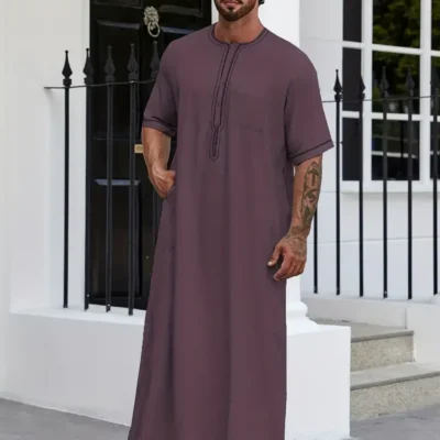 Men's Muslim Cotton Blend Dresses Short Sleeve Henley Shirts With Pocket Kaftan Islamic Arabic Long Gown Thobe Robe For Men