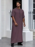 Men's Muslim Cotton Blend Dresses Short Sleeve Henley Shirts With Pocket Kaftan Islamic Arabic Long Gown Thobe Robe For Men