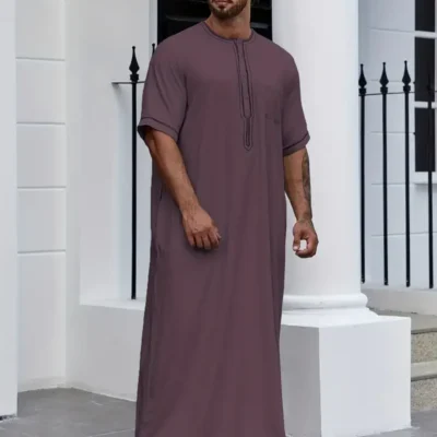 Men's Muslim Cotton Blend Dresses Short Sleeve Henley Shirts With Pocket Kaftan Islamic Arabic Long Gown Thobe Robe For Men