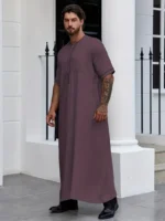 Men's Muslim Cotton Blend Dresses Short Sleeve Henley Shirts With Pocket Kaftan Islamic Arabic Long Gown Thobe Robe For Men