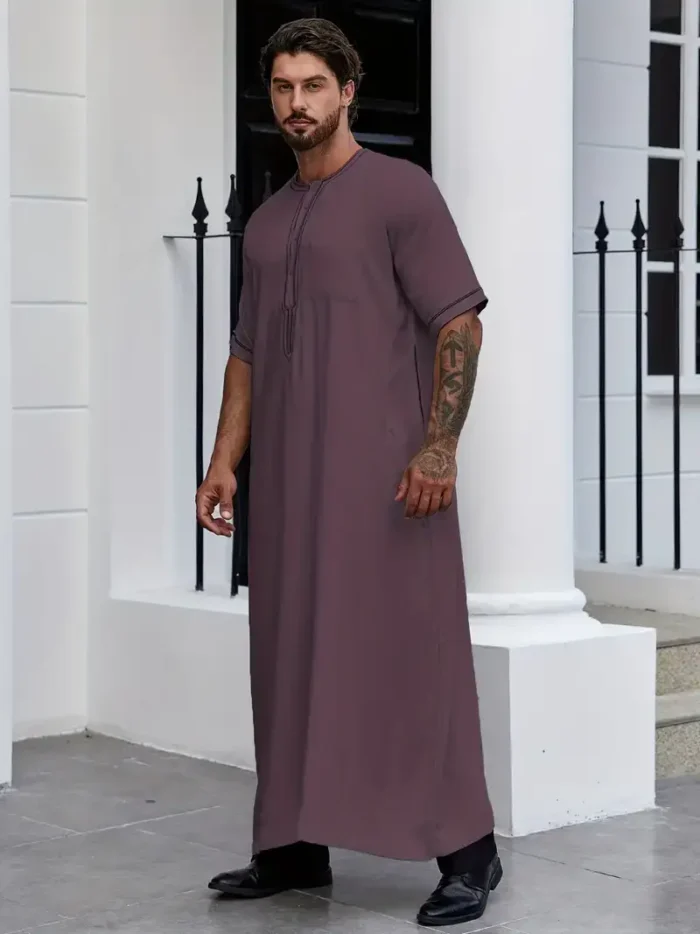 Men's Muslim Cotton Blend Dresses Short Sleeve Henley Shirts With Pocket Kaftan Islamic Arabic Long Gown Thobe Robe For Men