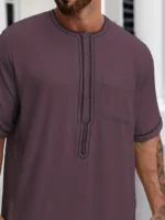 Men's Muslim Cotton Blend Dresses Short Sleeve Henley Shirts With Pocket Kaftan Islamic Arabic Long Gown Thobe Robe For Men