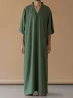 Men's Muslim Dresses Solid Long Sleeve V Neck With Pockets Kaftan Islamic Arabic Long Gown Thobe Robe For Men