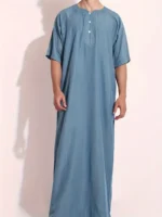 Men's Vintage Style Abaya Dress, Casual V Neck Short Sleeve Solid Robe For Summer