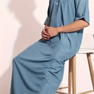 Men's Vintage Style Abaya Dress, Casual V Neck Short Sleeve Solid Robe For Summer