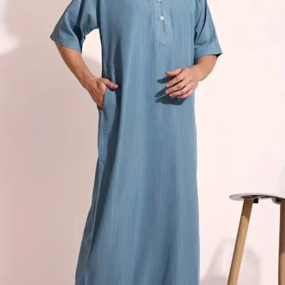 Men's Vintage Style Abaya Dress, Casual V Neck Short Sleeve Solid Robe For Summer