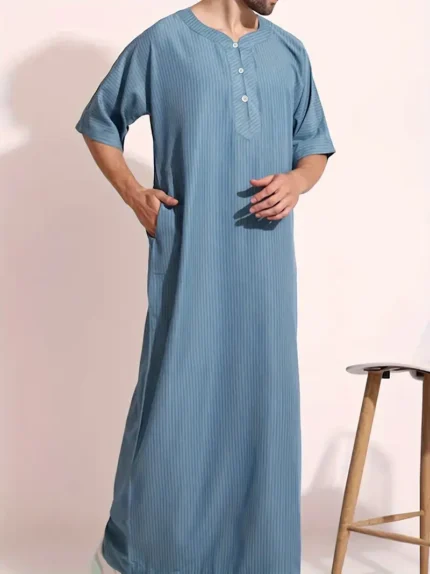 Men's Vintage Style Abaya Dress, Casual V Neck Short Sleeve Solid Robe For Summer