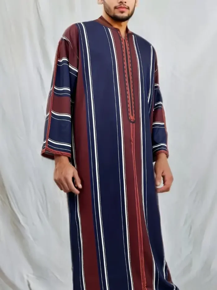 Men's Vintage Style Stripe Pattern Crew Neck Long Sleeve Robe For Cultural Activities