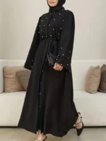 Ramadan Button Front Tie Waist Beaded Burqas, Elegant Long Sleeve Maxi Length Dress, Women's Clothing Black