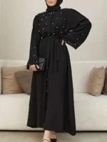 Ramadan Button Front Tie Waist Beaded Burqas, Elegant Long Sleeve Maxi Length Dress, Women's Clothing Black