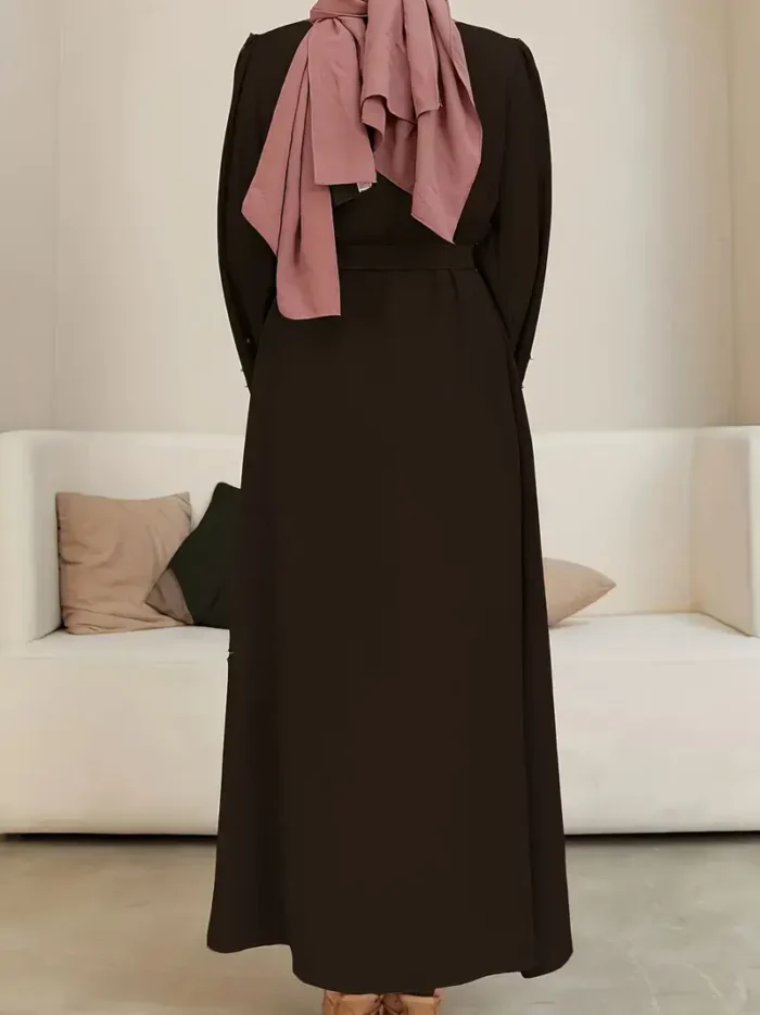 Ramadan Button Front Tie Waist Beaded Burqas, Elegant Long Sleeve Maxi Length Dress, Women's Clothing Black