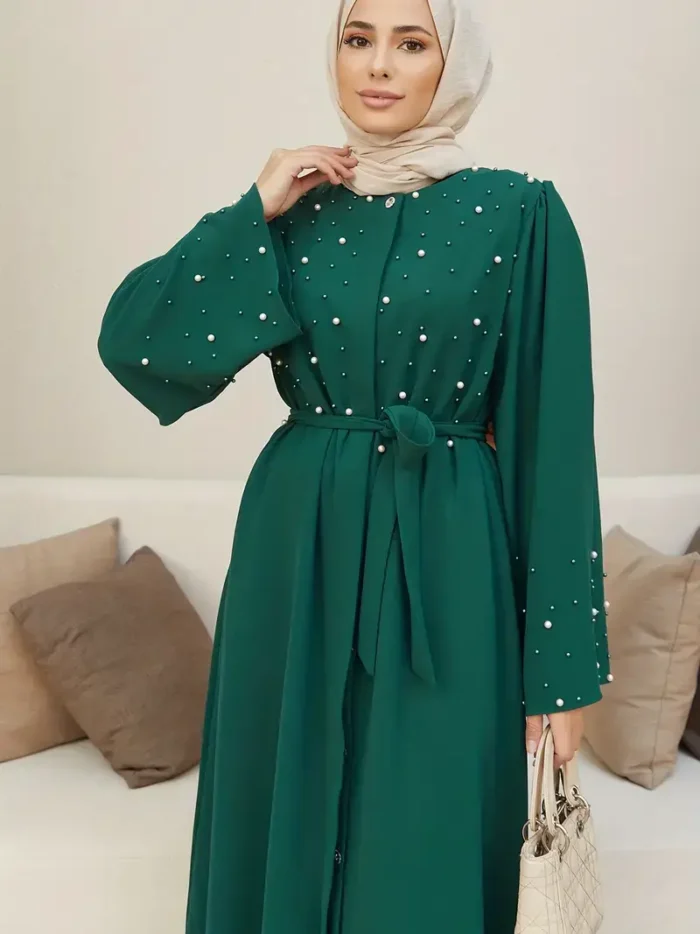 Ramadan Button Front Tie Waist Beaded Burqas, Elegant Long Sleeve Maxi Length Dress, Women's Clothing Green