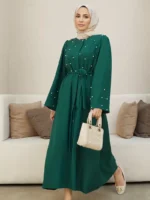 Ramadan Button Front Tie Waist Beaded Burqas, Elegant Long Sleeve Maxi Length Dress, Women's Clothing Green