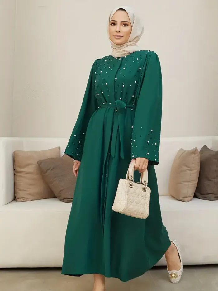 Ramadan Button Front Tie Waist Beaded Burqas, Elegant Long Sleeve Maxi Length Dress, Women's Clothing Green