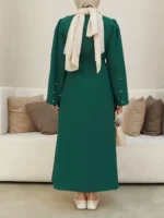 Ramadan Button Front Tie Waist Beaded Burqas, Elegant Long Sleeve Maxi Length Dress, Women's Clothing Green