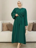 Ramadan Button Front Tie Waist Beaded Burqas, Elegant Long Sleeve Maxi Length Dress, Women's Clothing Green