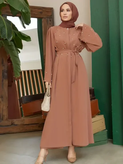 Ramadan Button Front Tie Waist Beaded Burqas, Elegant Long Sleeve Maxi Length Dress, Women's Clothing Light Brown