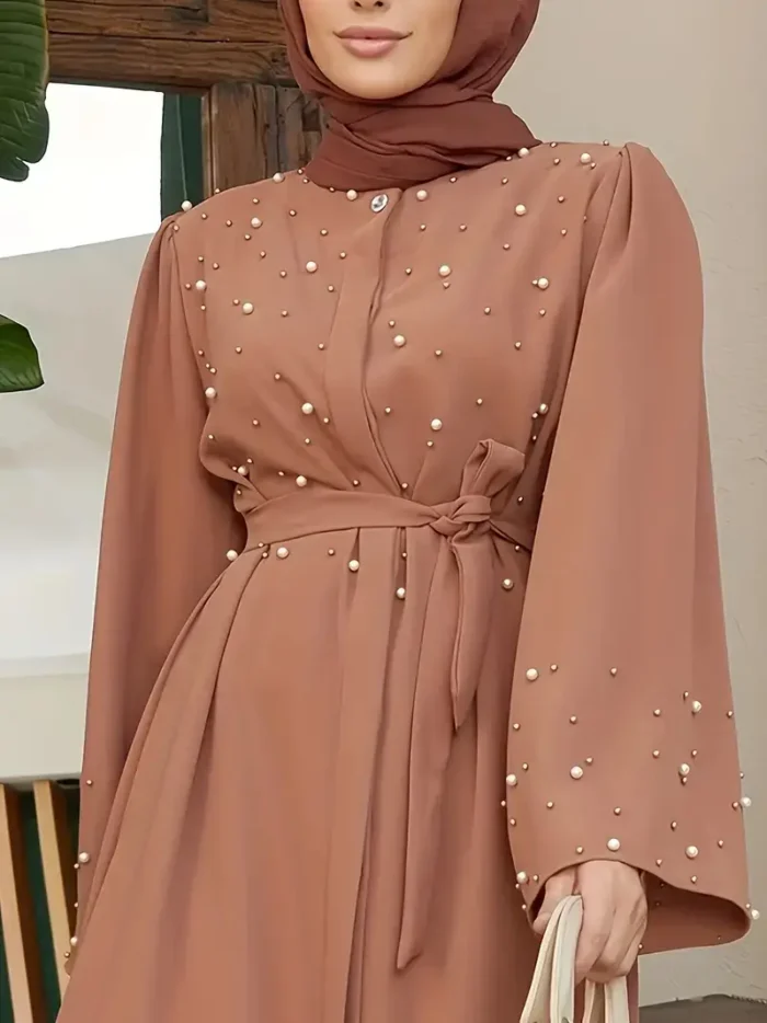 Ramadan Button Front Tie Waist Beaded Burqas, Elegant Long Sleeve Maxi Length Dress, Women's Clothing Light Brown