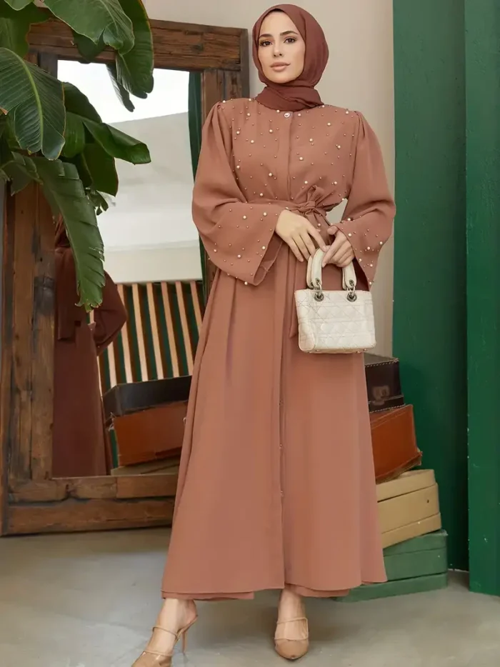 Ramadan Button Front Tie Waist Beaded Burqas, Elegant Long Sleeve Maxi Length Dress, Women's Clothing Light Brown