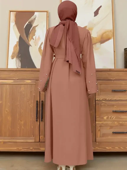 Ramadan Button Front Tie Waist Beaded Burqas, Elegant Long Sleeve Maxi Length Dress, Women's Clothing Light Brown