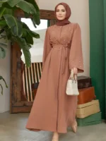 Ramadan Button Front Tie Waist Beaded Burqas, Elegant Long Sleeve Maxi Length Dress, Women's Clothing Light Brown