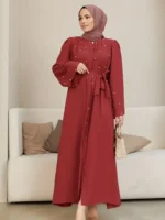 Ramadan Button Front Tie Waist Beaded Burqas, Elegant Long Sleeve Maxi Length Dress, Women's Clothing Red