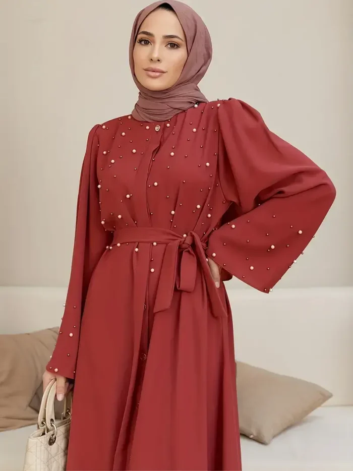 Ramadan Button Front Tie Waist Beaded Burqas, Elegant Long Sleeve Maxi Length Dress, Women's Clothing Red