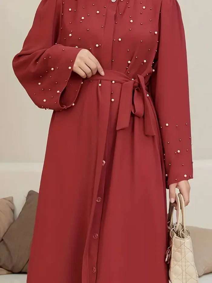 Ramadan Button Front Tie Waist Beaded Burqas, Elegant Long Sleeve Maxi Length Dress, Women's Clothing Red