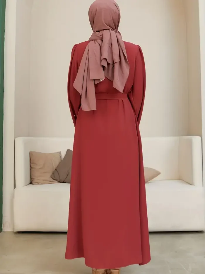 Ramadan Button Front Tie Waist Beaded Burqas, Elegant Long Sleeve Maxi Length Dress, Women's Clothing Red