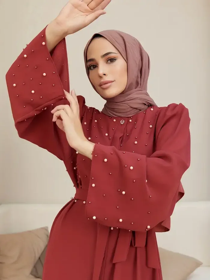 Ramadan Button Front Tie Waist Beaded Burqas, Elegant Long Sleeve Maxi Length Dress, Women's Clothing Red