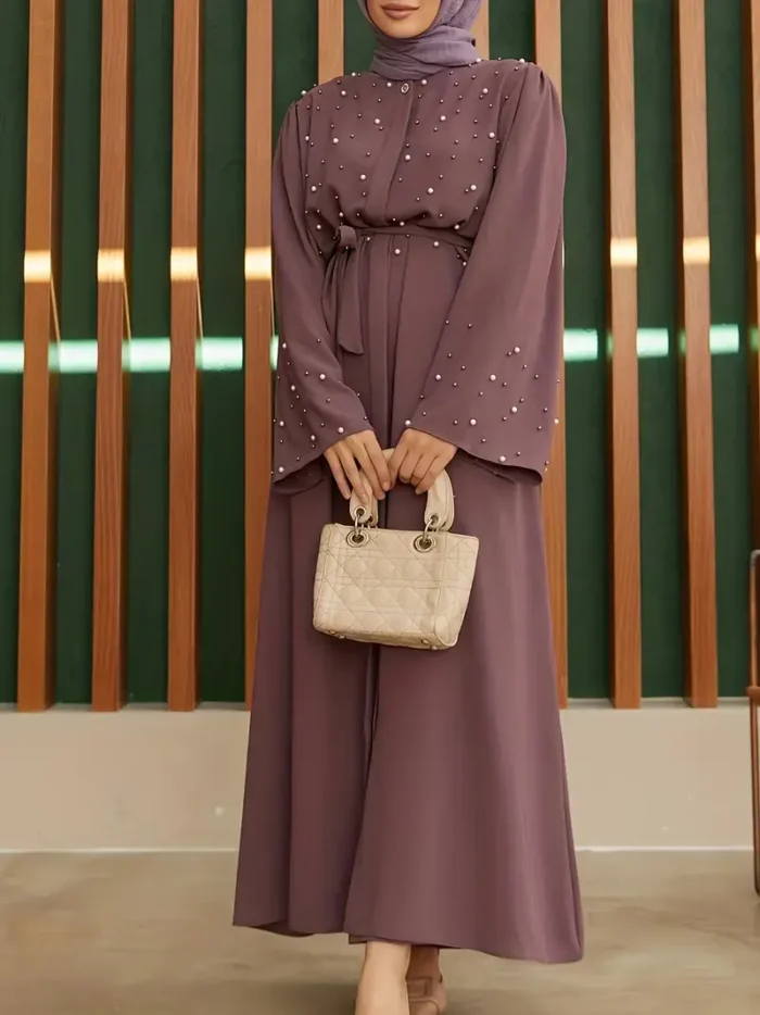 Ramadan Button Front Tie Waist Beaded Burqas, Elegant Long Sleeve Maxi Length Dress, Women's Clothing Reddish Brown