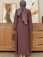 Ramadan Button Front Tie Waist Beaded Burqas, Elegant Long Sleeve Maxi Length Dress, Women's Clothing Reddish Brown