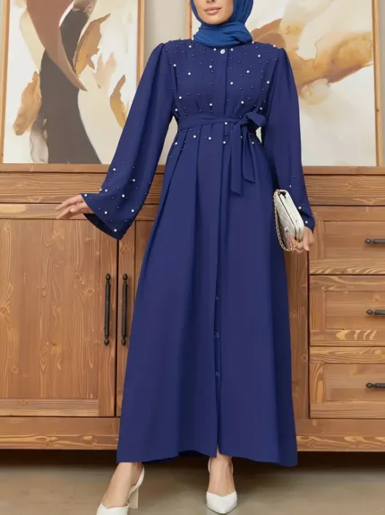 Ramadan Button Front Tie Waist Beaded Burqas, Elegant Long Sleeve Maxi Length Dress, Women's Clothing Royal Blue