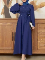 Ramadan Button Front Tie Waist Beaded Burqas, Elegant Long Sleeve Maxi Length Dress, Women's Clothing Royal Blue