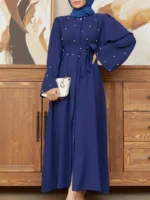 Ramadan Button Front Tie Waist Beaded Burqas, Elegant Long Sleeve Maxi Length Dress, Women's Clothing Royal Blue