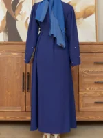 Ramadan Button Front Tie Waist Beaded Burqas, Elegant Long Sleeve Maxi Length Dress, Women's Clothing Royal Blue