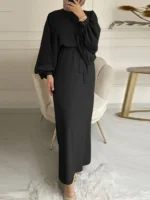 Ramadan Keyhole Lantern Sleeve Abaya Kaftan, Modest Solid Simple Maxi Kaftan, Women's Clothing Black