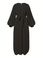 Ramadan Keyhole Lantern Sleeve Abaya Kaftan, Modest Solid Simple Maxi Kaftan, Women's Clothing Black