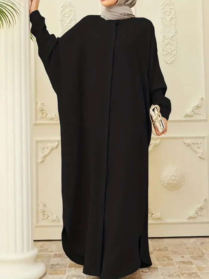 Ramadan Solid Batwing Sleeve Kaftan Abaya, Elegant Loose Split Maxi Length Dress, Women's Clothing Black