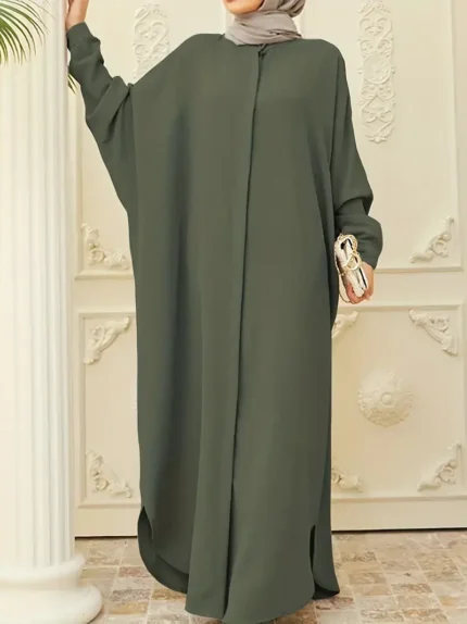 Ramadan Solid Batwing Sleeve Kaftan Abaya, Elegant Loose Split Maxi Length Dress, Women's Clothing Olive Green