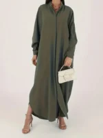 Ramadan Solid Batwing Sleeve Kaftan Abaya, Elegant Loose Split Maxi Length Dress, Women's Clothing Olive Green