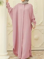 Ramadan Solid Batwing Sleeve Kaftan Abaya, Elegant Loose Split Maxi Length Dress, Women's Clothing Pink