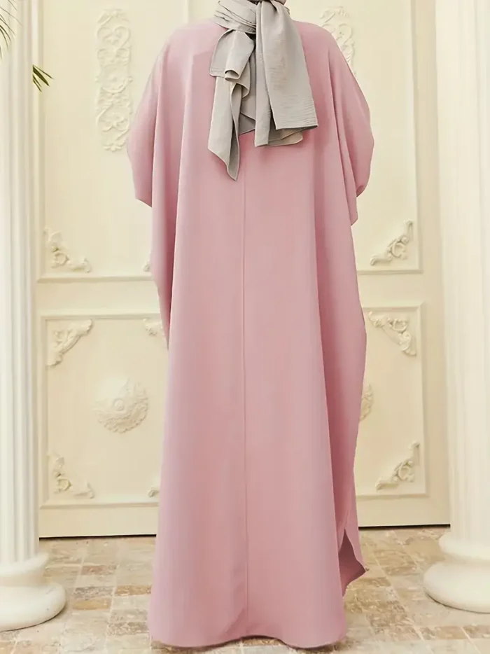 Ramadan Solid Batwing Sleeve Kaftan Abaya, Elegant Loose Split Maxi Length Dress, Women's Clothing Pink